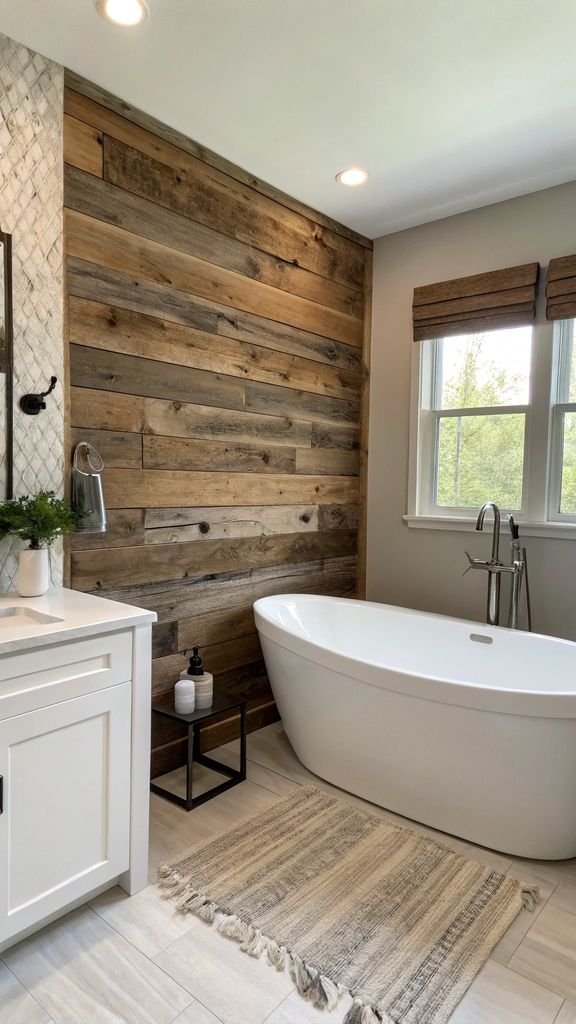 a bathroom with a driftwood accent wall behind a freestanding bathtub.