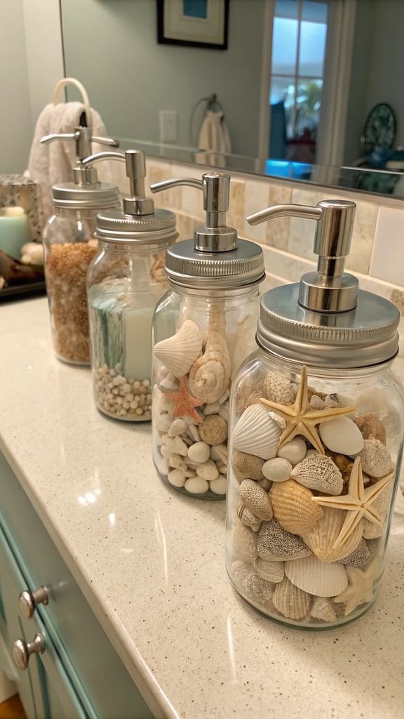 glass jar soap dispensers filled with seashells in a bathroom.