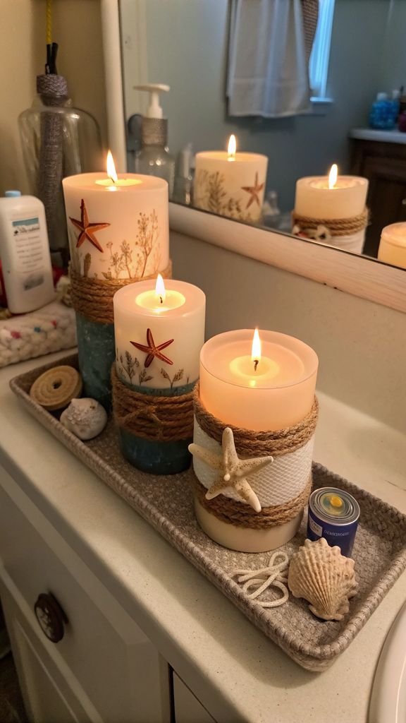 coastal-scented candles placed on a bathroom shelf.