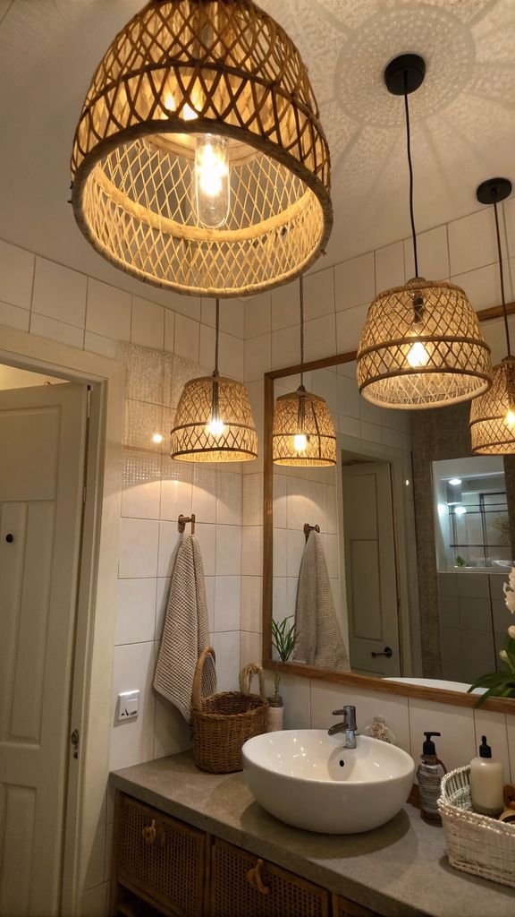 a bathroom with rattan light fixtures.