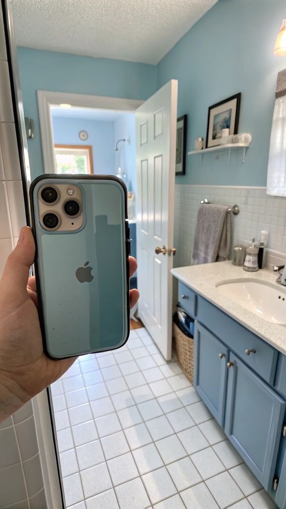 a bathroom with light blue walls.