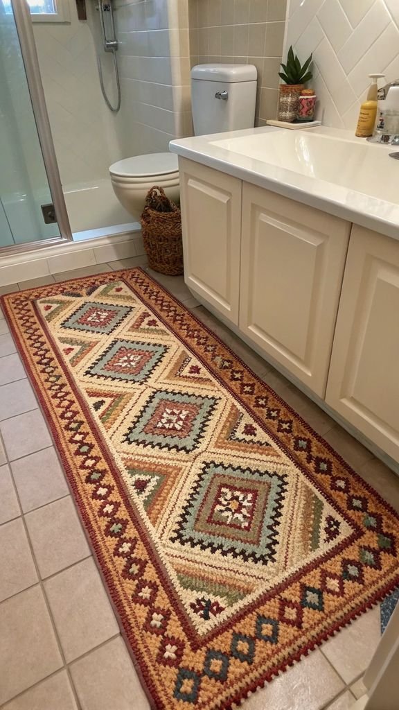 a woven rug in a bathroom.