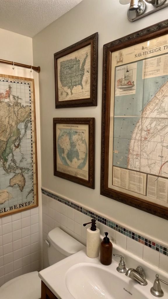 vintage nautical maps framed and hung in a bathroom.