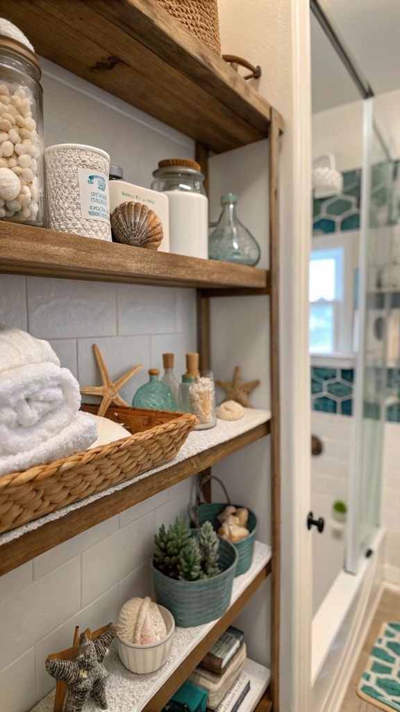 open shelving with coastal decor items in a bathroom.