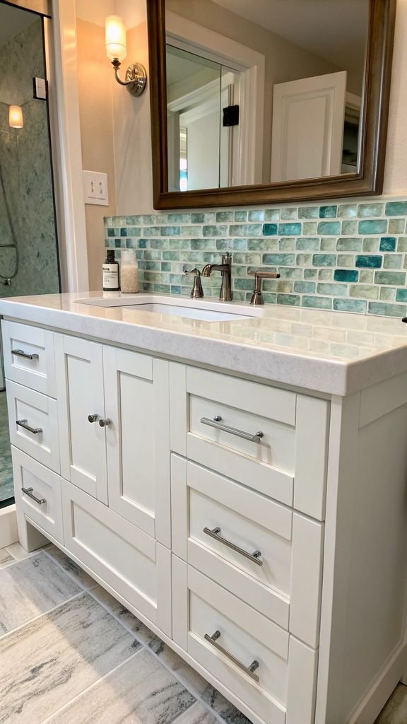 a bathroom vanity with a seaglass tile backsplash.