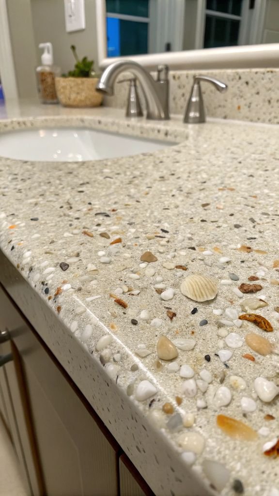 a bathroom countertop embedded with crushed shells.