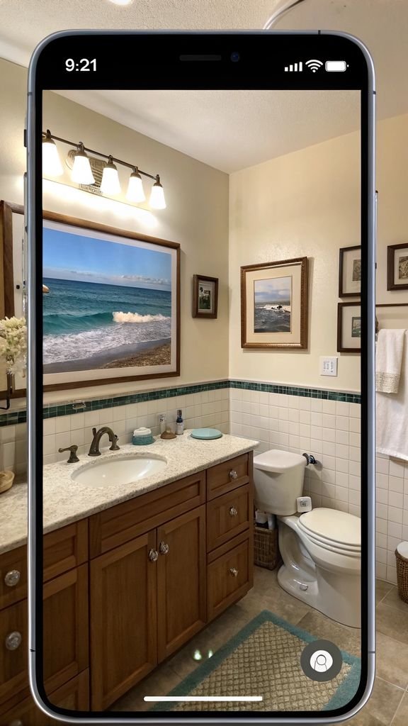 a bathroom with framed ocean-inspired artwork.