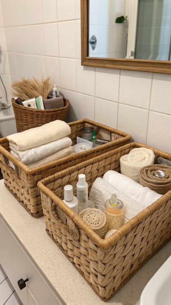 wicker baskets used for storage in a bathroom.