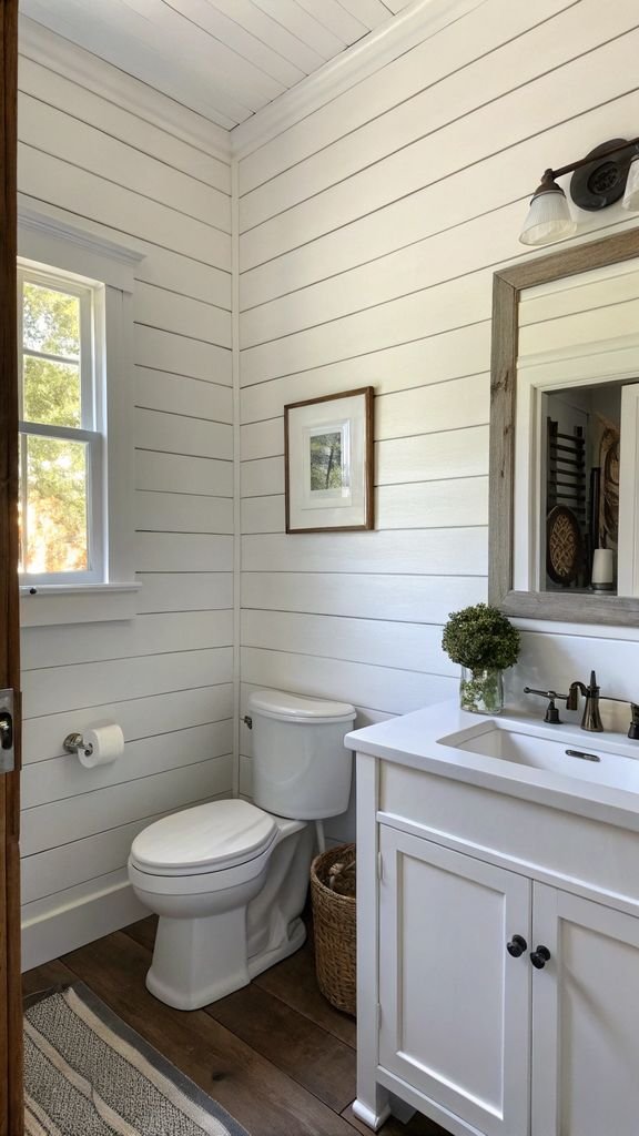 a bathroom with whitewashed shiplap walls.