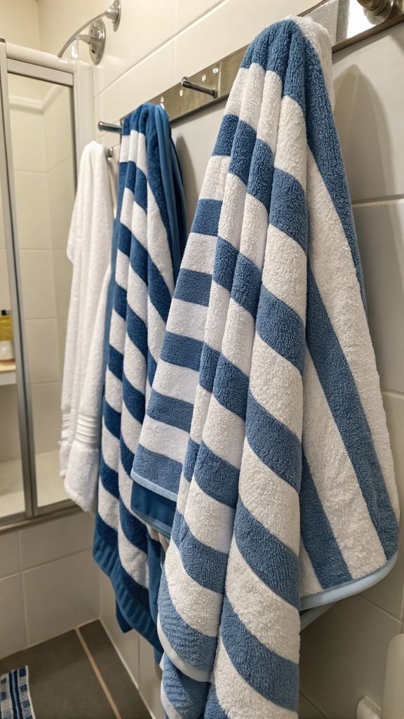 blue and white striped towels hanging in a bathroom.
