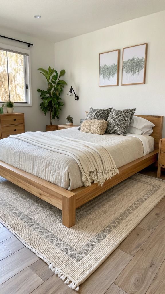 an elevated platform bed made of light wood in a minimalist Japandi bedroom