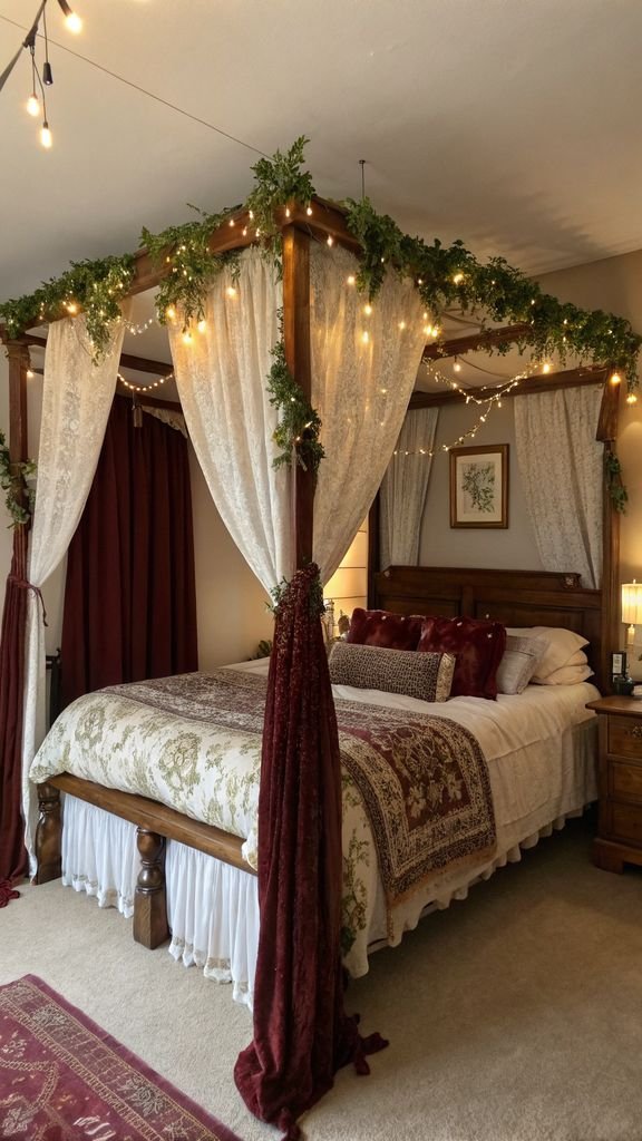 Vertical 9:16 aspect ratio amateur photo from reddit, taken with an iPhone 15 pro, detailed view of a four-poster bed with velvet curtains, fairy lights, ivy, and layered textiles