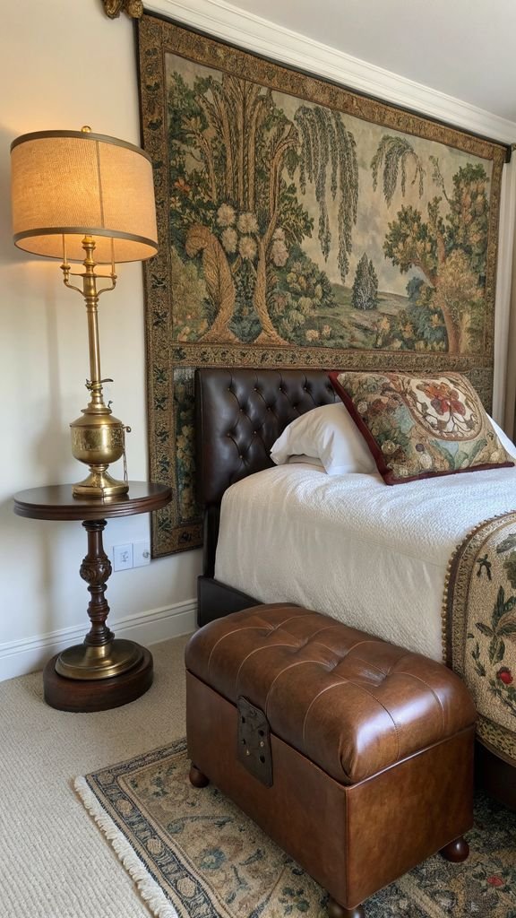 Vertical 9:16 aspect ratio amateur photo from reddit, taken with an iPhone 15 pro, detailed view of a tapestry headboard, leather ottoman, and brass lamp