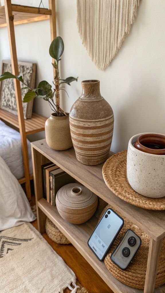earthy ceramic objects in a Japandi bedroom