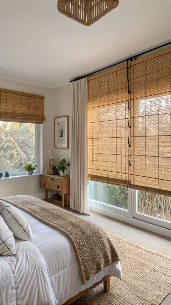 bamboo blinds in a Japandi bedroom