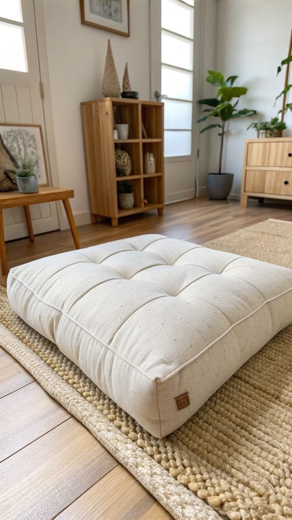 a floor cushion in a Japandi bedroom