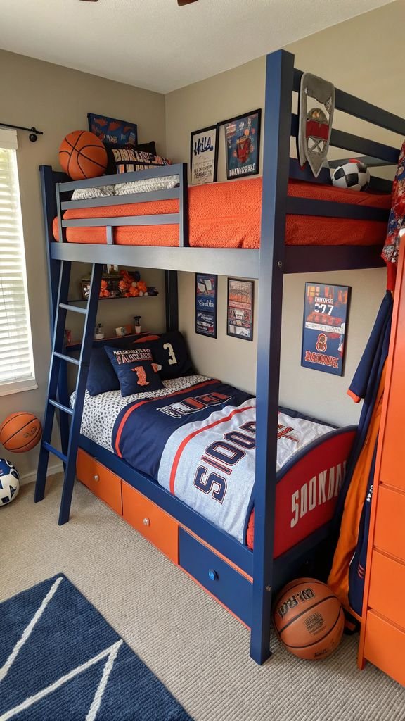 a sports-themed bunk bed with team colors, sports memorabilia, and athletic décor.