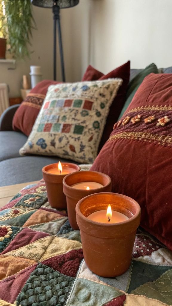 Vertical 9:16 aspect ratio amateur photo from reddit, taken with an iPhone 15 pro, detailed view of terracotta candles, a patchwork quilt, and velvet pillows