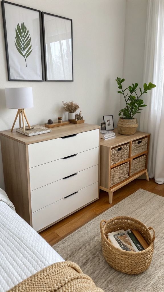 decluttered surfaces in a Japandi bedroom