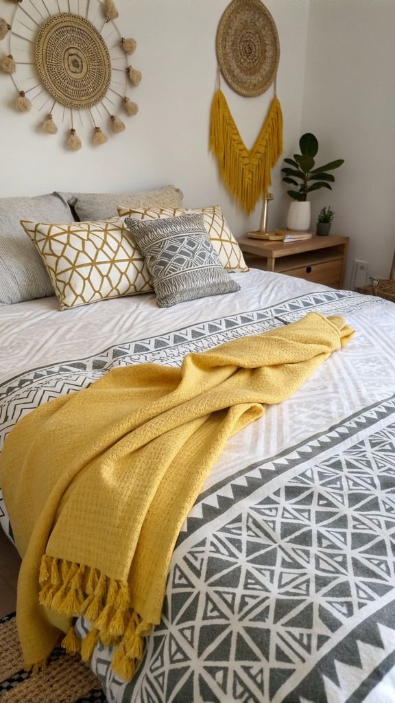 Vertical 9:16 aspect ratio amateur photo from reddit, taken with an iPhone 15 pro, detailed view of geometric bedding, a yellow throw, and woven wall decor