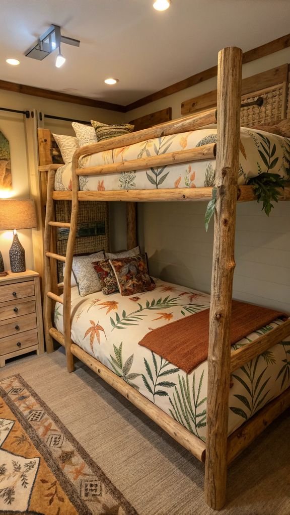 an earthy themed bunk bed with natural materials, warm tones, and botanical prints.