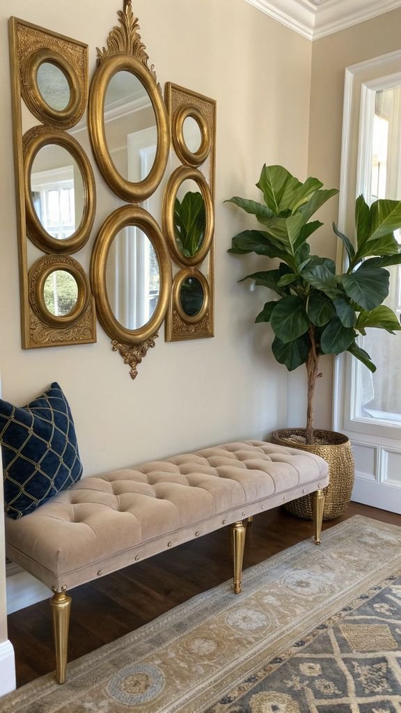 Vertical 9:16 aspect ratio amateur photo from reddit, taken with an iPhone 15 pro, detailed view of gold mirrors, a velvet bench, and a fiddle leaf fig