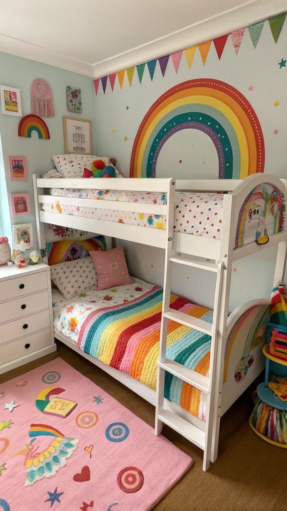a rainbow themed bunk bed with vibrant colors, playful patterns, and cheerful décor.