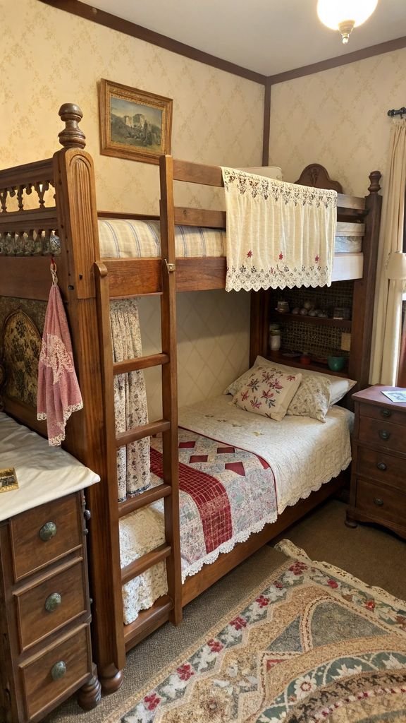 a vintage themed bunk bed with antique furniture, vintage textiles, and retro décor.