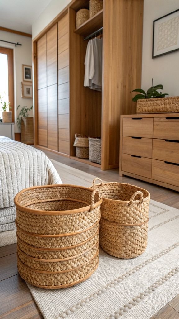 woven baskets used for storage in a Japandi bedroom