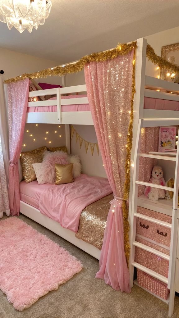 a girly glam themed bunk bed with pink and gold accents, sparkly décor, and luxurious fabrics.