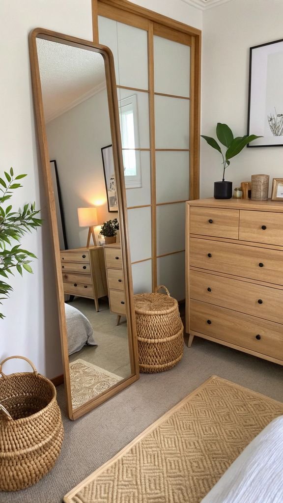 a statement mirror in a Japandi bedroom