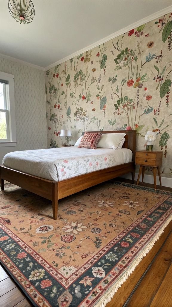 Vertical 9:16 aspect ratio amateur photo from reddit, taken with an iPhone 15 pro, detailed view of floral wallpaper, a platform bed, and a vintage rug