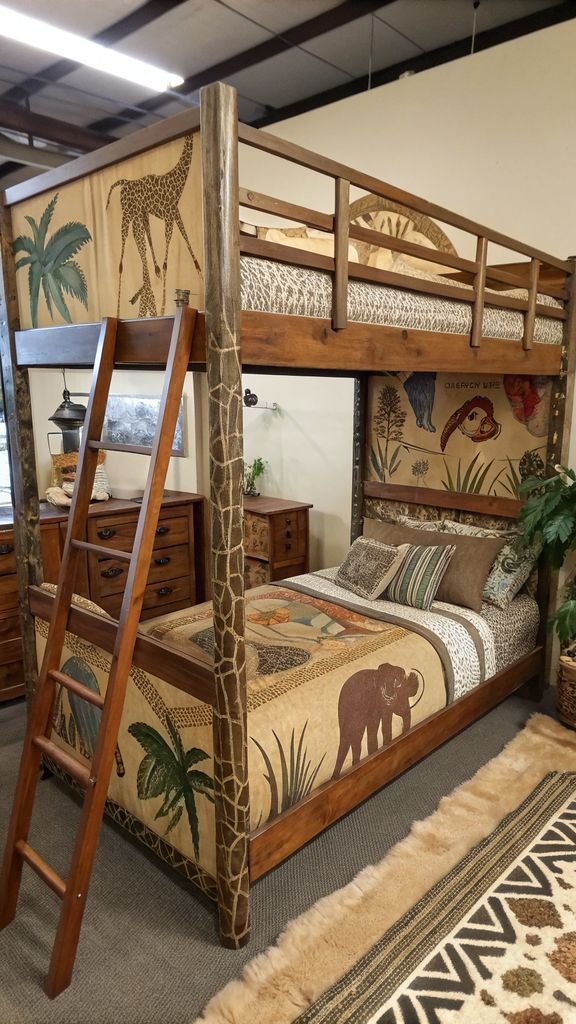 a safari themed bunk bed with animal prints, natural textures, and earthy tones.