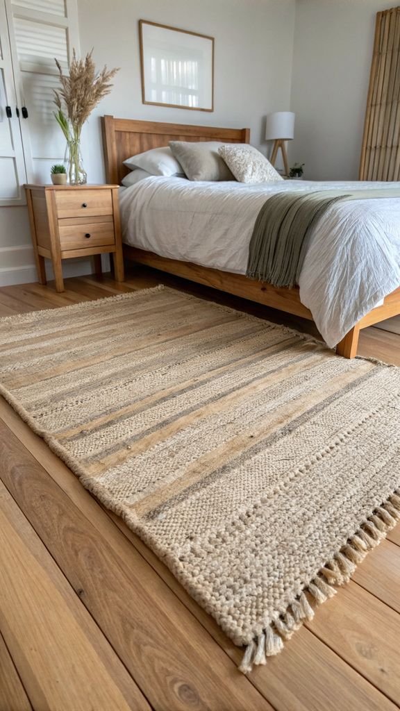 a natural fiber rug in a Japandi bedroom with wooden floors
