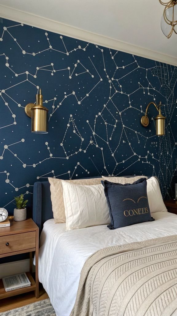 Vertical 9:16 aspect ratio amateur photo from reddit, taken with an iPhone 15 pro, detailed view of a dark blue wall with white constellations, brass sconces, and neutral bedding