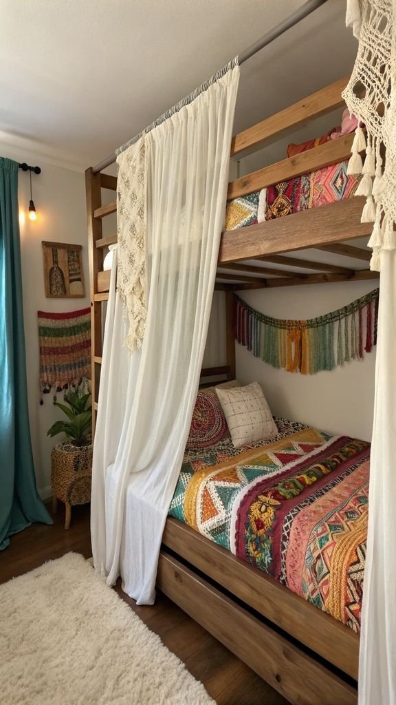 a bohemian style bunk bed with flowing curtains, colorful textiles, and macrame wall hangings.