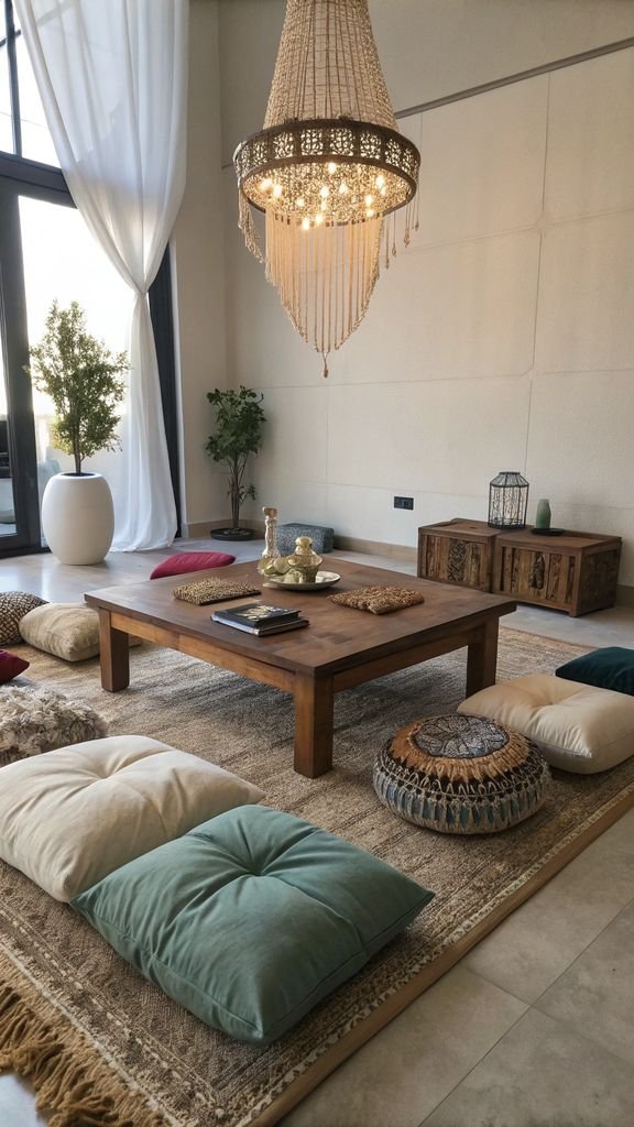 Vertical 9:16 aspect ratio amateur photo from reddit, taken with an iPhone 15 pro, detailed view of floor cushions, a low table, and a beaded chandelier