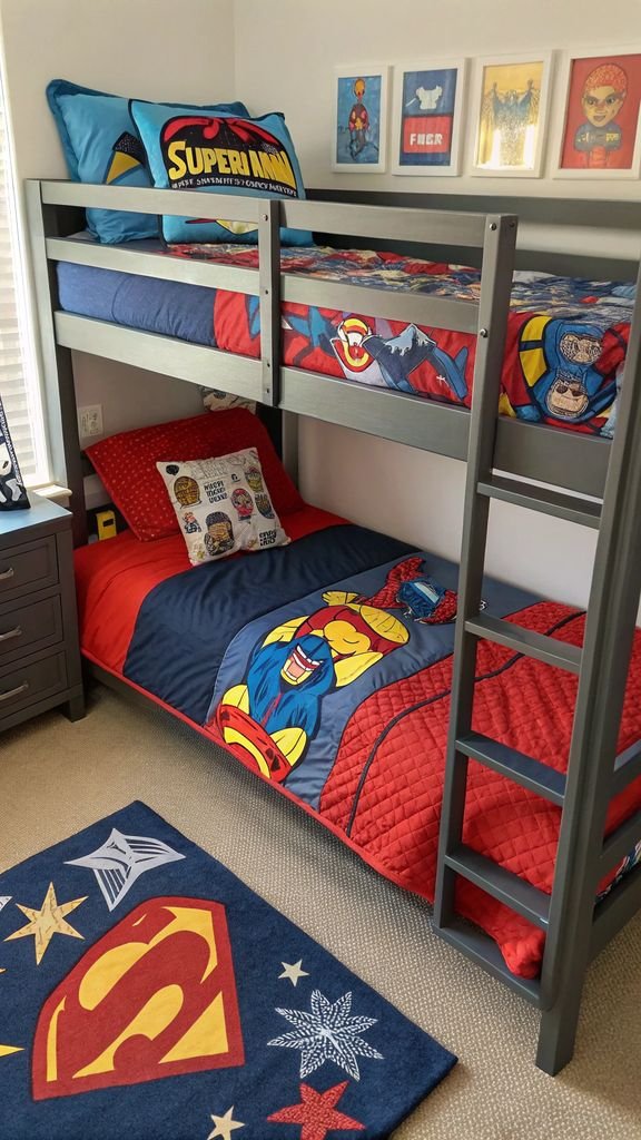 a superhero themed bunk bed with superhero bedding, comic book décor, and bold colors.