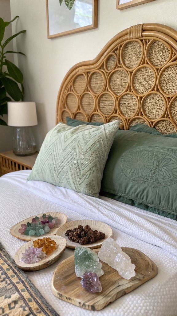 Vertical 9:16 aspect ratio amateur photo from reddit, taken with an iPhone 15 pro, detailed view of crystal geodes, sage bedding, and rattan headboard