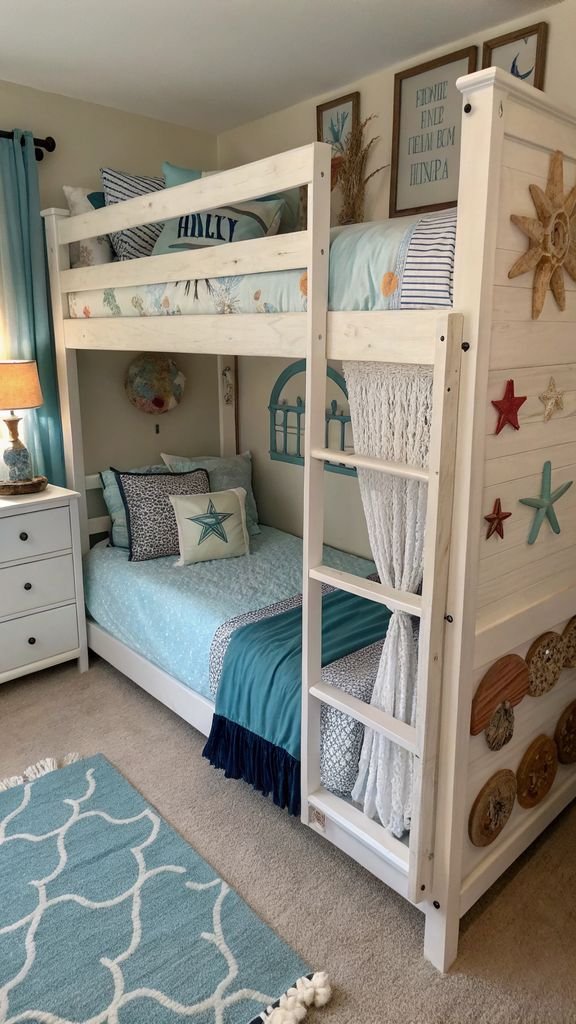 a beach themed bunk bed with coastal colors, beach décor, and relaxed furnishings.