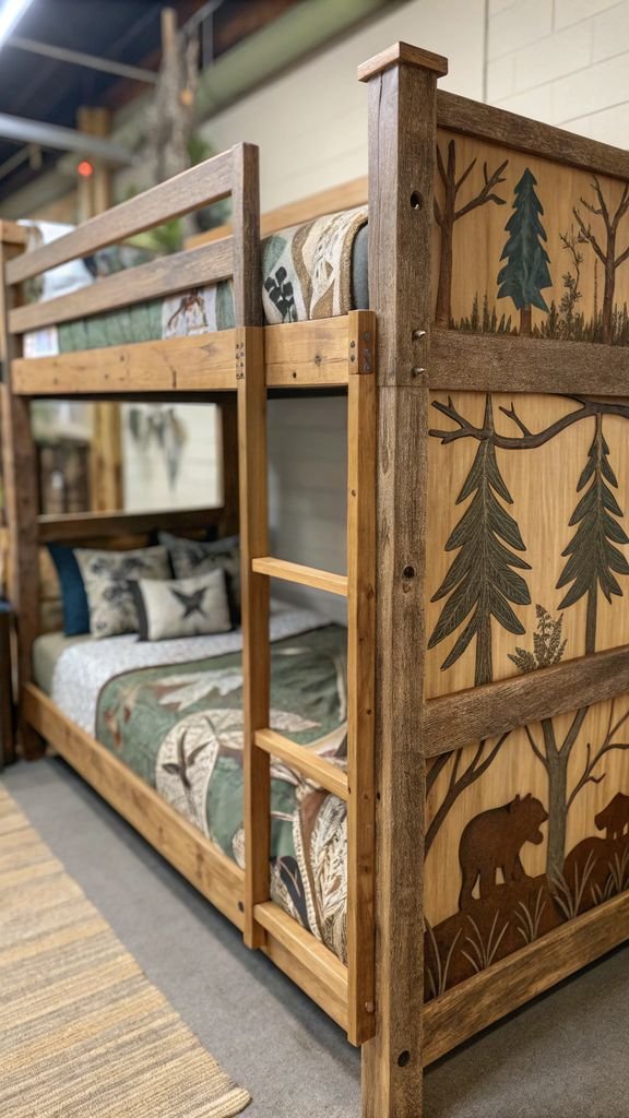 a woodland themed bunk bed with forest décor, natural wood, and earthy tones.