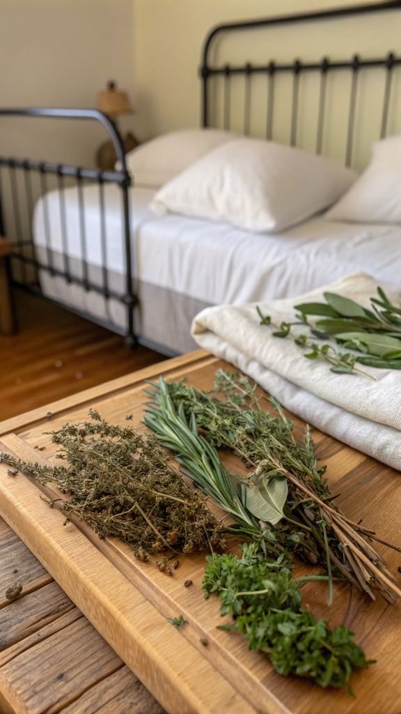 Vertical 9:16 aspect ratio amateur photo from reddit, taken with an iPhone 15 pro, detailed view of dried herbs, an iron bed, and linen bedding