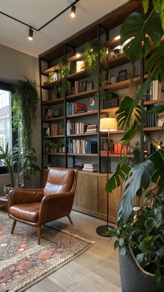 Vertical 9:16 aspect ratio amateur photo from reddit, taken with an iPhone 15 pro, detailed view of floor-to-ceiling shelves, plants, and a leather chair