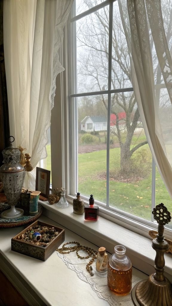 Vertical 9:16 aspect ratio amateur photo from reddit, taken with an iPhone 15 pro, detailed view of vintage trinkets on a windowsill with sheer curtains