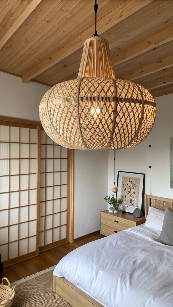 a woven pendant light fixture in a Japandi bedroom