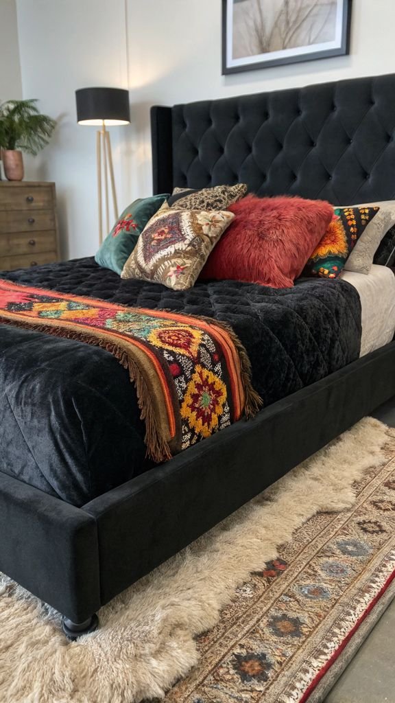 Vertical 9:16 aspect ratio amateur photo from reddit, taken with an iPhone 15 pro, detailed view of a bed with black velvet bedding, colorful pillows, and a faux fur rug