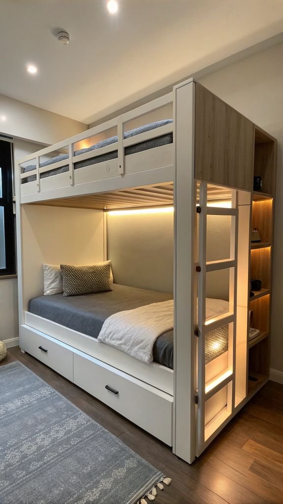 a modern minimalist bunk bed with sleek lines, neutral colors, and integrated lighting.