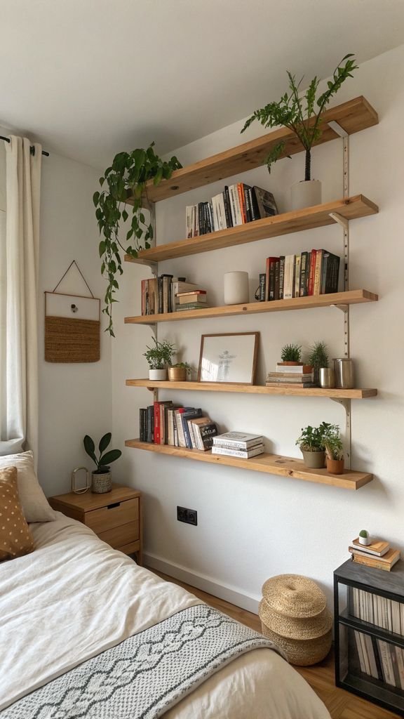 floating shelves with books and plants in a Japandi bedroom