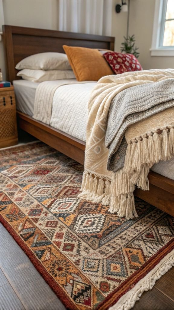 Vertical 9:16 aspect ratio amateur photo from reddit, taken with an iPhone 15 pro, detailed view of layered rugs, a platform bed, and textured throws