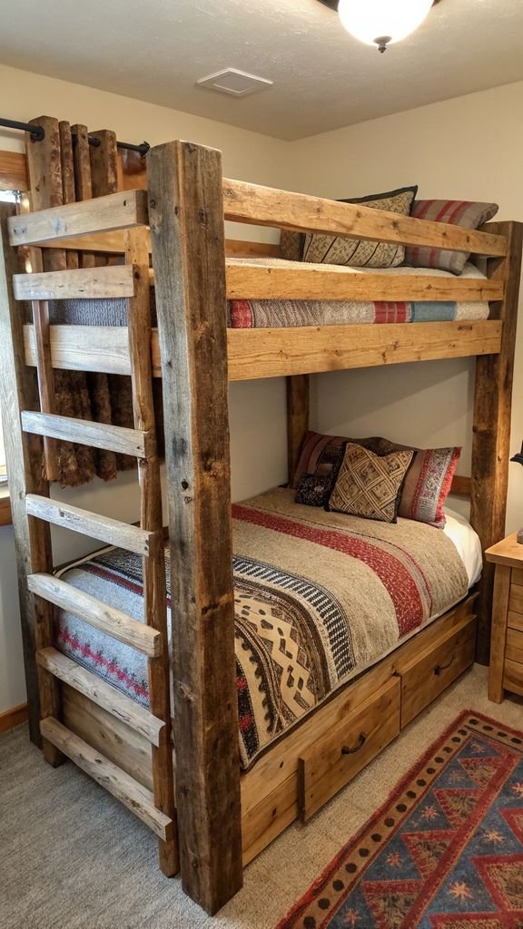 a rustic bunk bed made of reclaimed wood with warm textures and cozy blankets.
